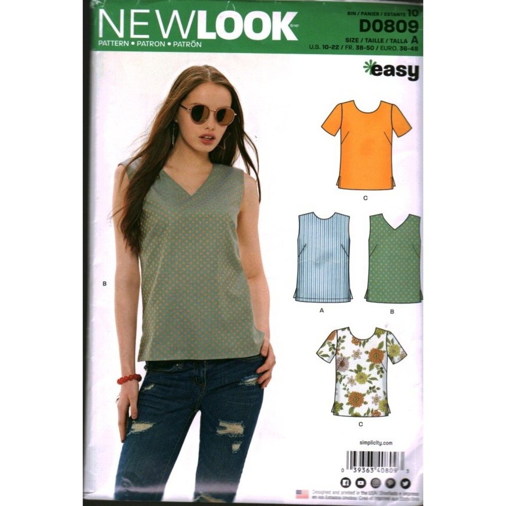New Look D0809 Sewing Pattern Misses Tops V-Neck Scoop Neck Sizes 10-22 Easy